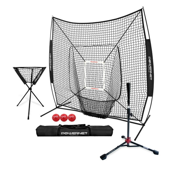 PowerNet DLX Pro Bundle (Baseball Softball Net w/ Strike Zone, 3 Training Balls, Travel Tee & Ball Caddy)
