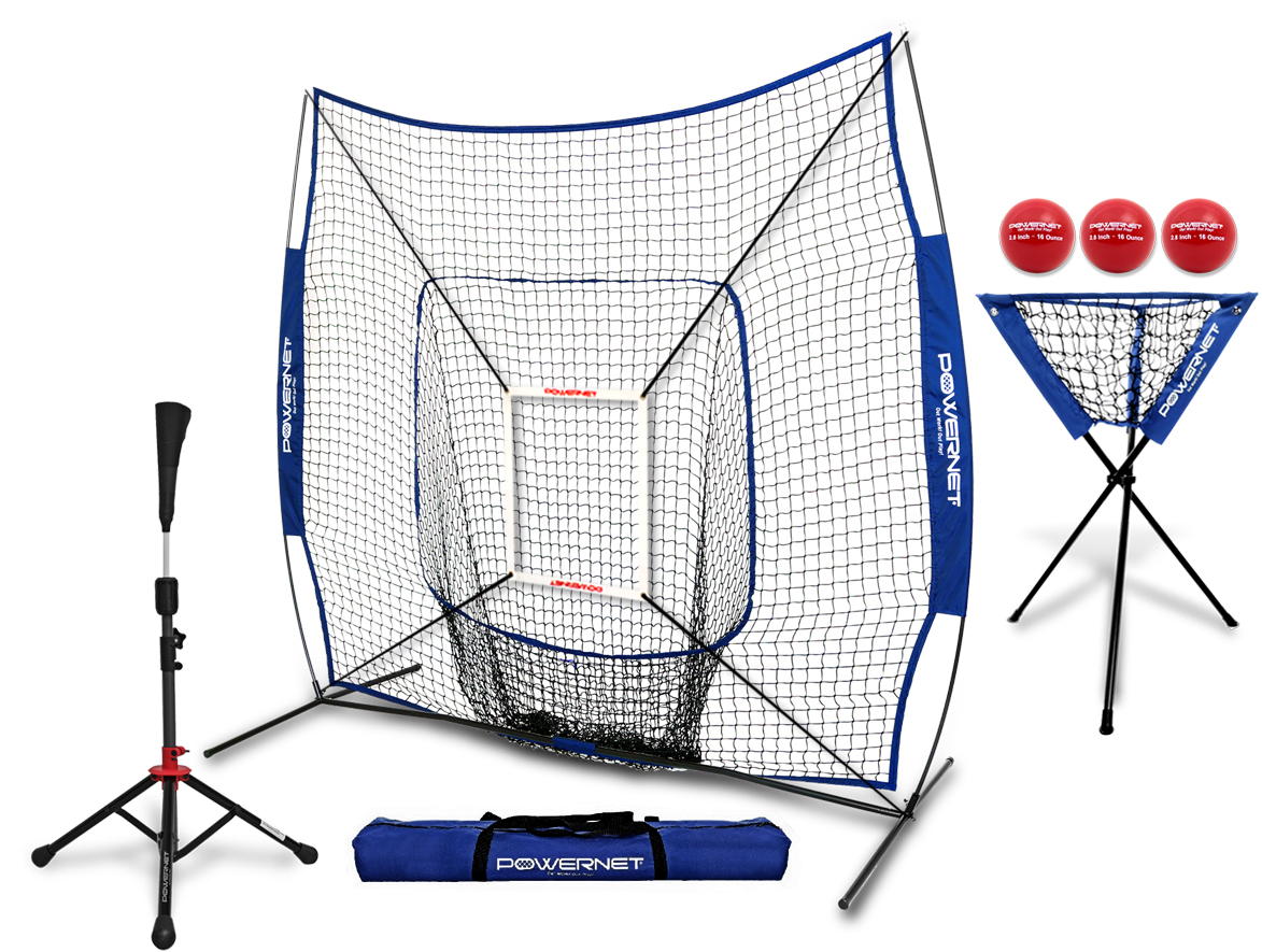PowerNet DLX Pro Bundle (Baseball Softball Net w/ Strike Zone, 3 Training Balls, Travel Tee & Ball Caddy)
