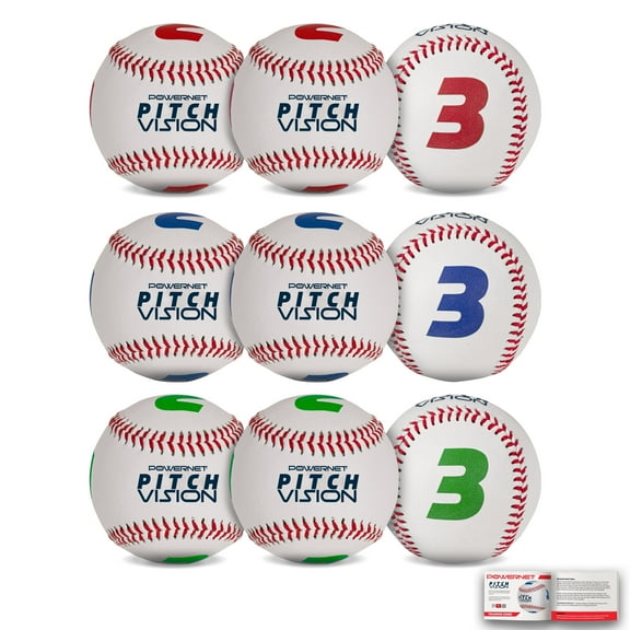 PowerNet Pitch Vision Training Baseballs, 4 Multicolored Numbered Sides, Improve Batter's Pitch Recognition for Curveballs, Sliders and Breaking Balls, Baseball Training Equipment (9-Pack)