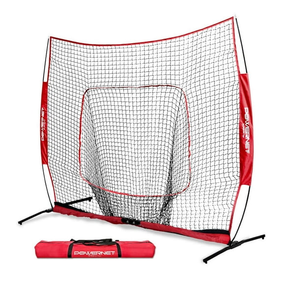 PowerNet Pro One Piece Softball Baseball Net, Portable Baseball Training Equipment, Hitting, Throwing & Pitching Net with Carrying Bag (Red, 7x7 FT)