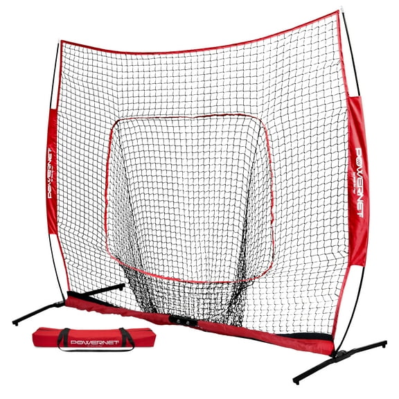 PowerNet Pro One Piece Softball Baseball Net, Portable Baseball Training Equipment, Hitting, Throwing & Pitching Net with Carrying Bag (Red, 8x8 FT)