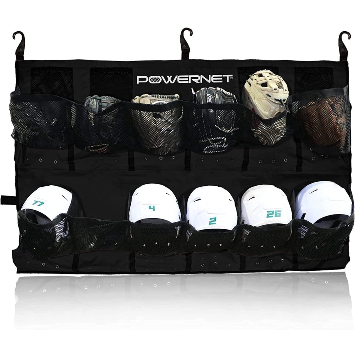 PowerNet Softball & Baseball Helmet Hanging Bag, 12 Pocket Baseball Glove & Helmet Storage Holder & Dugout Organizer, Portable Baseball Gear Training Equipment Holder (Black)
