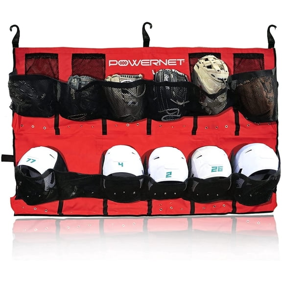 PowerNet Softball & Baseball Helmet Hanging Bag, 12 Pocket Baseball Glove & Helmet Storage Holder & Dugout Organizer, Portable Baseball Gear Training Equipment Holder (Red)