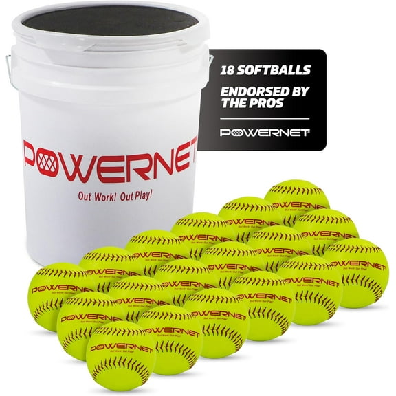 PowerNet Softball Batting Practice Equipment - Bucket of 11" & 12" Softballs, Weighted & Flexi Balls, Crushers