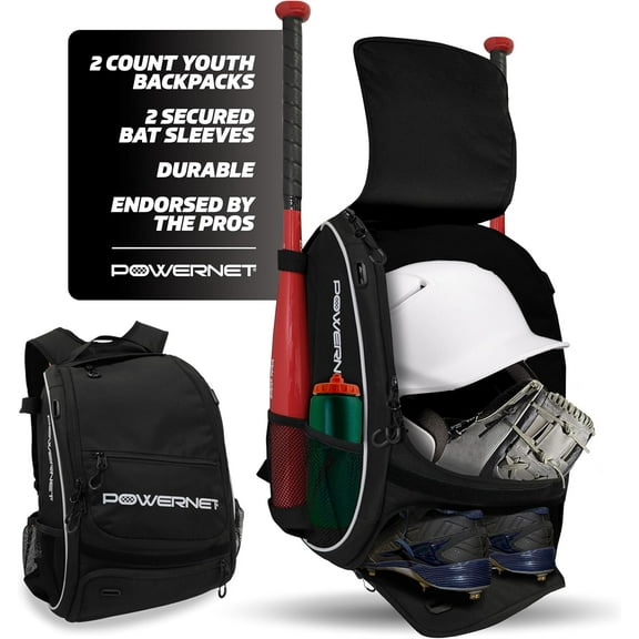 PowerNet Starter Backpack, Softball & Baseball Bag, Organized Pockets for Baseball Accessories, , Gloves, Catchers Gear & Baseball Bat Sleeves, Youth Travel Sports Backpack for Teams