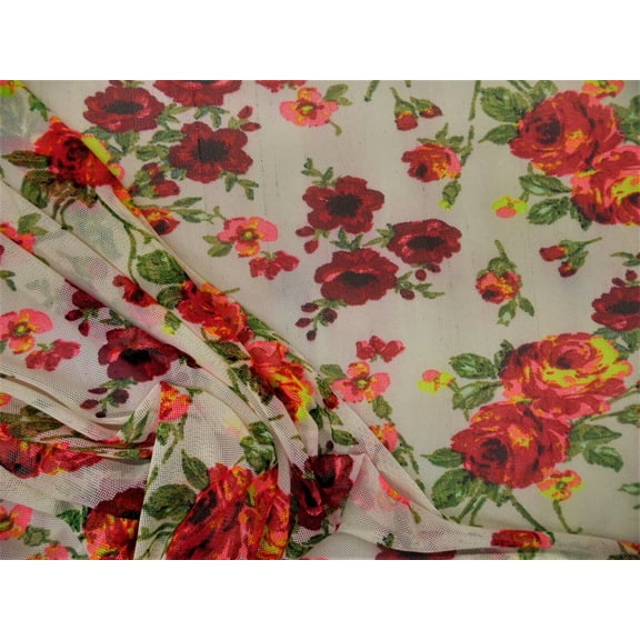PowerNet Stretch Mesh Nylon Spandex Sheer Printed Red Neon Yellow Floral Z406
