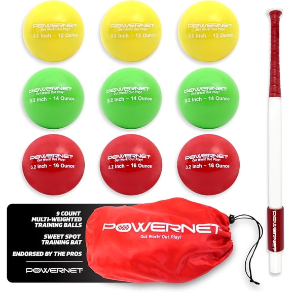 PowerNet Sweet Spot Training Bat + 3.2"" Progressive Softball Training Balls for Hitting & Pitching, 9 Pack Weighted Balls & Weighted Bat, Improve Hand-Eye Coordination & Power