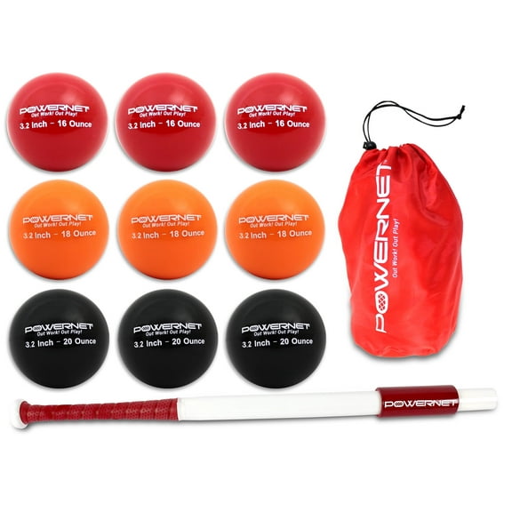 PowerNet Sweet Spot Training Bat + 3.2" Progressive Weighted Softball Training Balls for Hitting & Pitching, 9 Pack Weighted Balls & Weighted Bat, Improve Hand-Eye Coordination & Power (27" Bat)