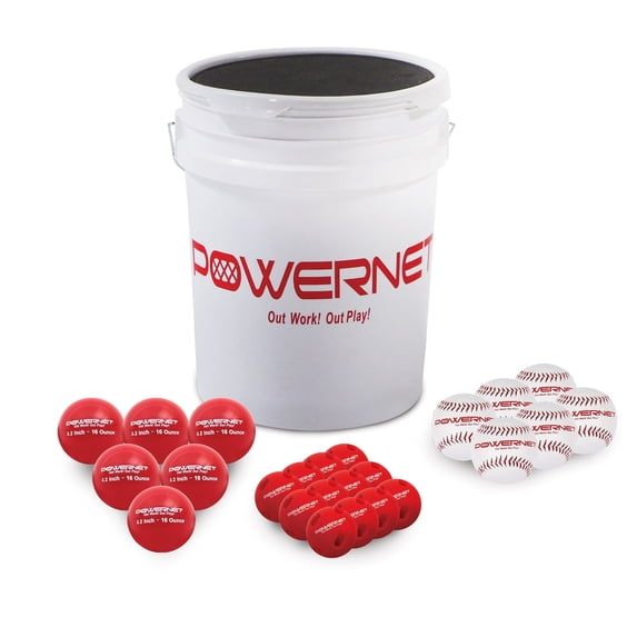 PowerNet Recreation Softball Bundle, Crusher Training Balls, Weighted Softballs, Softball Pitching & Batting Practice Equipment, Padded Softball Bucket (12 Softballs, 12 Crushers & 6 Weighted Balls)