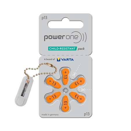 Power One Hearing Aid Batteries Size 13, PR48 (60 Batteries) + 2 Cell Battery Keychain Kit