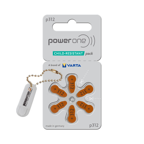Power One Size 312 Hearing Aid Batteries (120 Batteries) + 2 Cell Battery Keychain