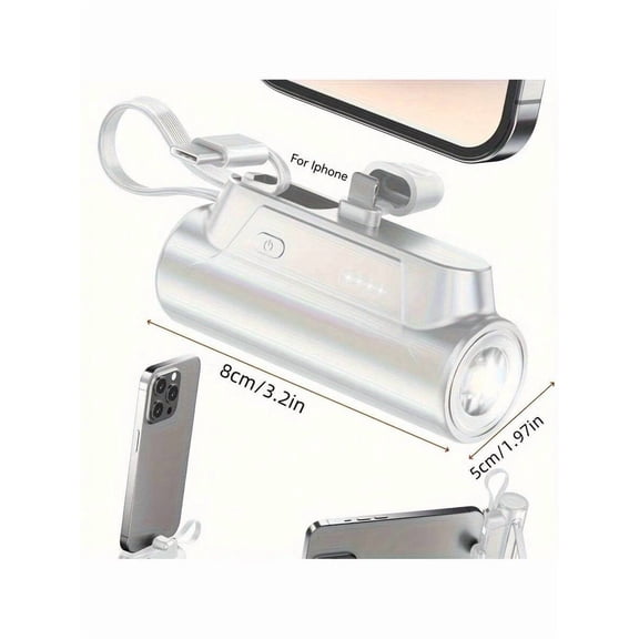PowerPlus 8000mAh Power Bank: Built-in Type-C Cable, 5V3.1A Fast Charging, Phone Holder, LED Flashlight, Compact 2-Port Portable Charger for iPhone, iPad, Android.