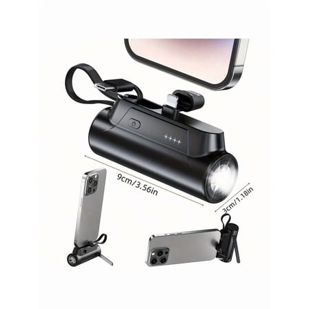 PowerPlus 8000mAh Power Bank: Built-in Type-C Cable, 5V3.1A Fast Charging, Phone Holder, LED Flashlight, Compact 2-Port Portable Charger for iPhone, iPad, Android.