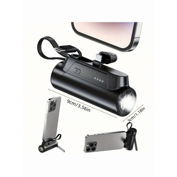 PowerPlus 8000mAh Power Bank: Built-in Type-C Cable, 5V3.1A Fast Charging, Phone Holder, LED Flashlight, Compact 2-Port Portable Charger for iPhone, iPad, Android.