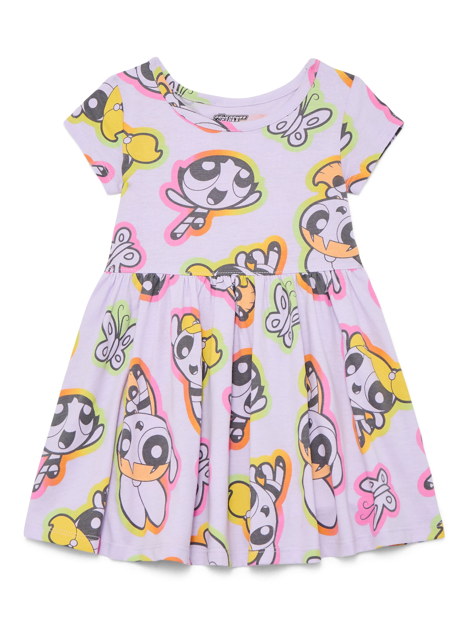 Powerpuff Girls Toddler Girl Allover Print Dress with Short Sleeves, Sizes 12M-5T