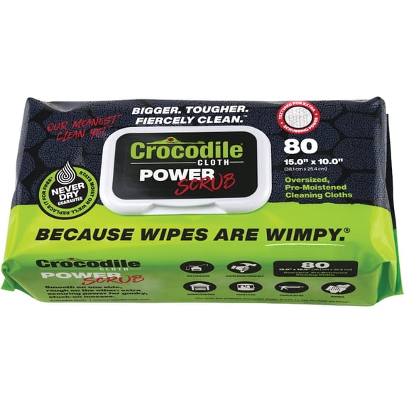 PowerScrub by Crocodile Cloth - 80 Textured Cloths, 10in X 15in. Large, Moist, Absorbent & Disposable Cleaning Cloths. Safe on Skin and Multiple Surfaces - Tools, Wood, Plastic, Metals
