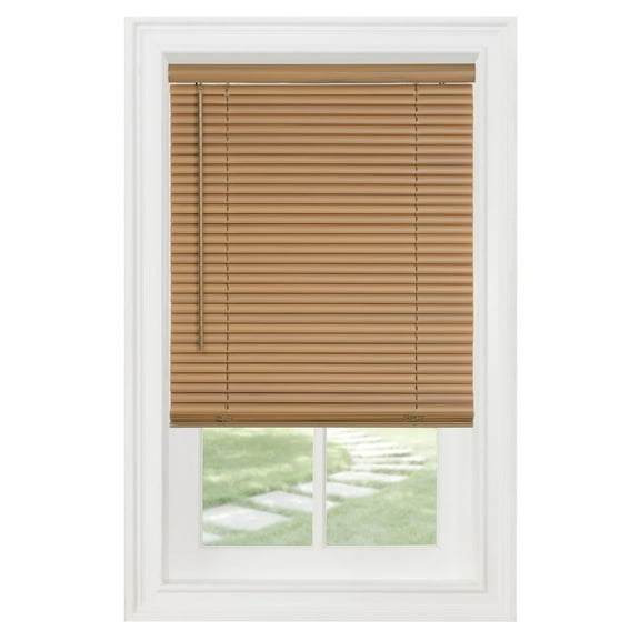 PowerSellerUSA 1" Slats Cordless Window Blinds, 64L x 35W Inches Solid Pattern Light Filtering Vinyl Indoor-Outside Ceiling Mount Mini Blind, Manual Cordless Rollup Window Privacy Blinds, Woodtone