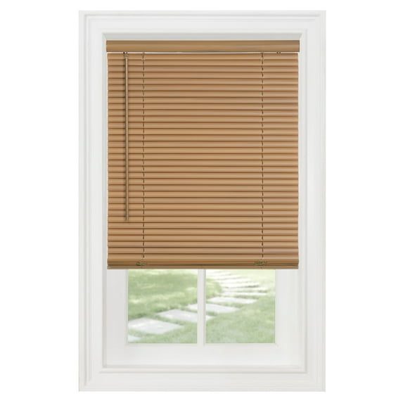 PowerSellerUSA 1" Slats Cordless Window Blinds, 72L x 34W Inches Solid Pattern Light Filtering Vinyl Indoor-Outside Ceiling Mount Mini Blind, Manual Cordless Rollup Window Privacy Blinds, Woodtone