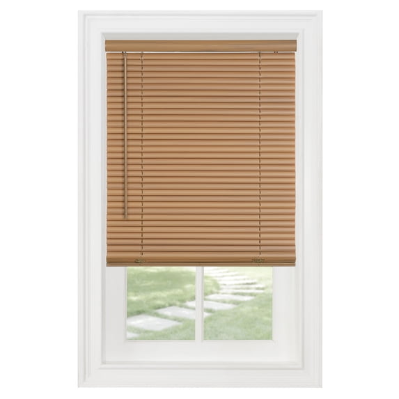 PowerSellerUSA 1" Slats Cordless Window Blinds, 72L x 36W Inches Solid Pattern Light Filtering Vinyl Indoor-Outside Ceiling Mount Mini Blind, Manual Cordless Rollup Window Privacy Blinds, Woodtone