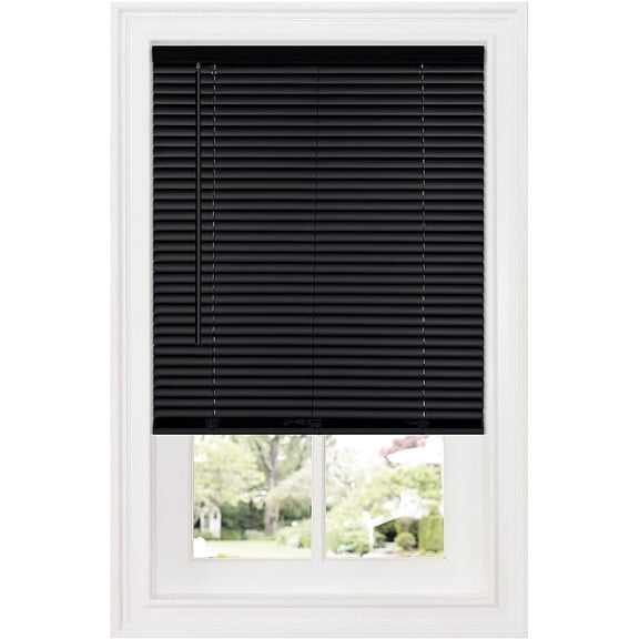 PowerSellerUSA 1" Vinyl Slats Room Darkening Cordless Window Blinds, 64L x 27W Inches Manual Operation Mode Blackout Privacy Blind, Solid Pattern Ceiling-Outside Mount Pull-Up Mini Blinds, Black