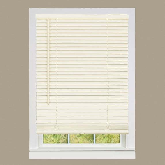 PowerSellerUSA 1" Vinyl Slats Room Darkening Cordless Window Blinds, 64L x 34W Inches Manual Operation Mode Blackout Privacy Blind, Solid Pattern Ceiling-Outside Mount Pull-Up Mini Blinds, Beige