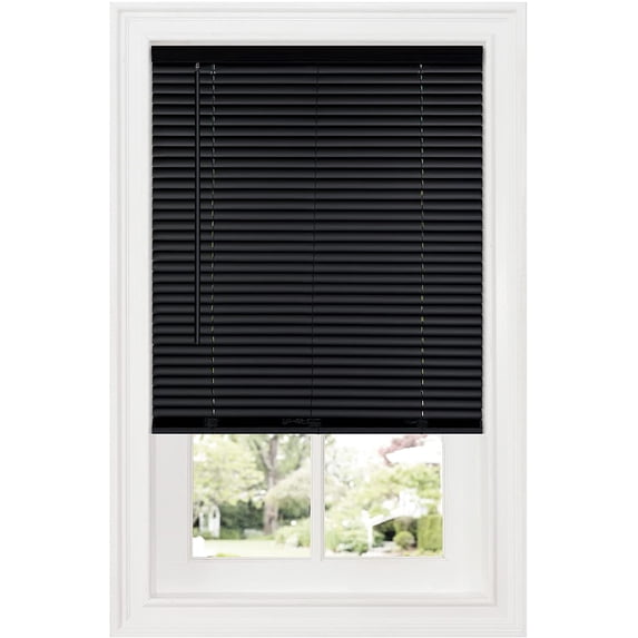 PowerSellerUSA 1" Vinyl Slats Room Darkening Cordless Window Blinds, 64L x 36W Inches Manual Operation Mode Blackout Privacy Blind, Solid Pattern Ceiling-Outside Mount Pull-Up Mini Blinds, Black