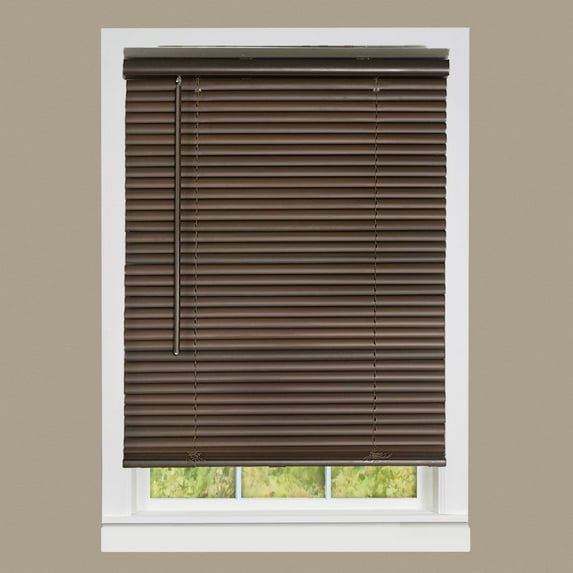 PowerSellerUSA 1" Vinyl Slats Room Darkening Cordless Window Blinds, 64L x 39W Inches Manual Operation Mode Blackout Privacy Blind, Solid Pattern Ceiling-Outside Mount Pull-Up Mini Blinds, Mahogany