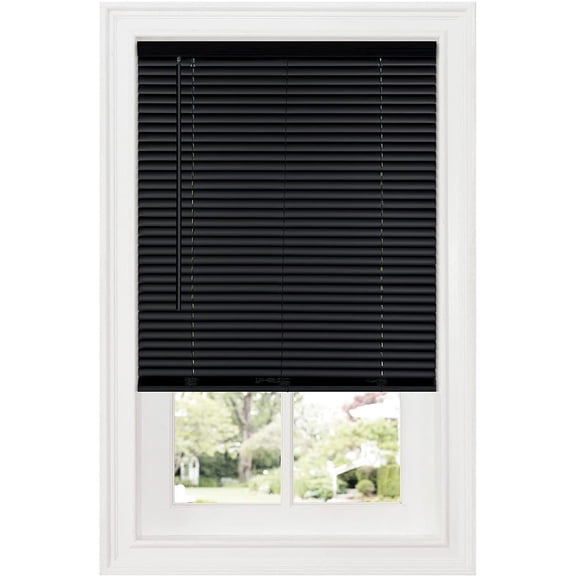 PowerSellerUSA 1" Vinyl Slats Room Darkening Cordless Window Blinds, 64L x 48W Inches Manual Operation Mode Blackout Privacy Blind, Solid Pattern Ceiling-Outside Mount Pull-Up Mini Blinds, Black