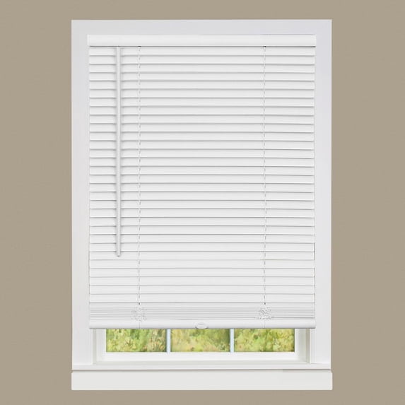 PowerSellerUSA 1" Vinyl Slats Room Darkening Cordless Window Blinds, 64L x 48W Inches Manual Operation Mode Blackout Privacy Blind, Solid Pattern Ceiling-Outside Mount Pull-Up Mini Blinds, White