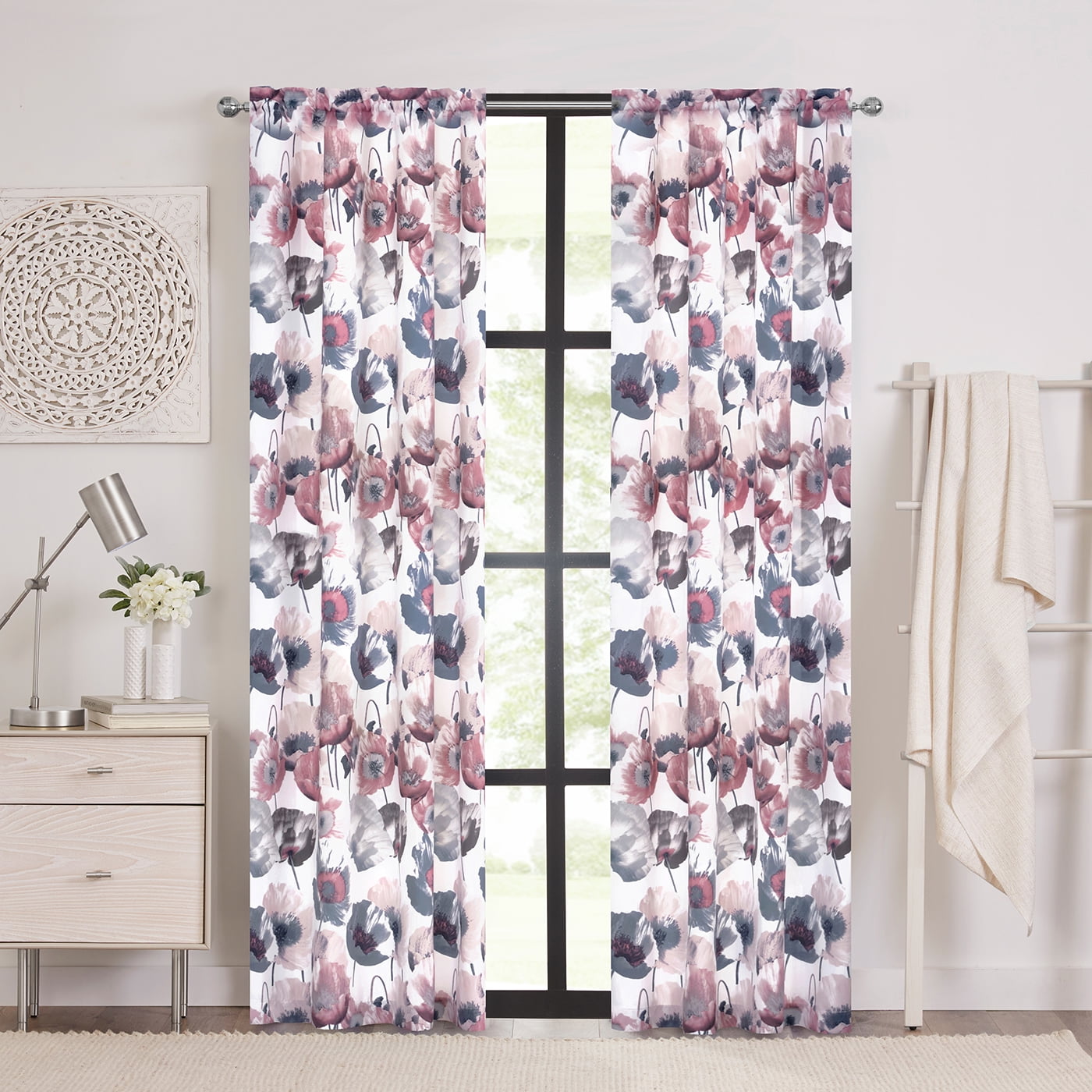 Blush Floral Semi-Sheer Polyester Rod Pocket Window Panels