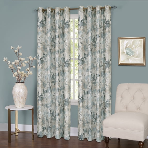 PowerSellerUSA 2-Pack Window Curtain Panels Set, 50W x 63L Inches Blackout Semi-Sheer Floral Panels with Grommet Design, Modern Elegant Style Long Curtains Window Privacy, Light Blue