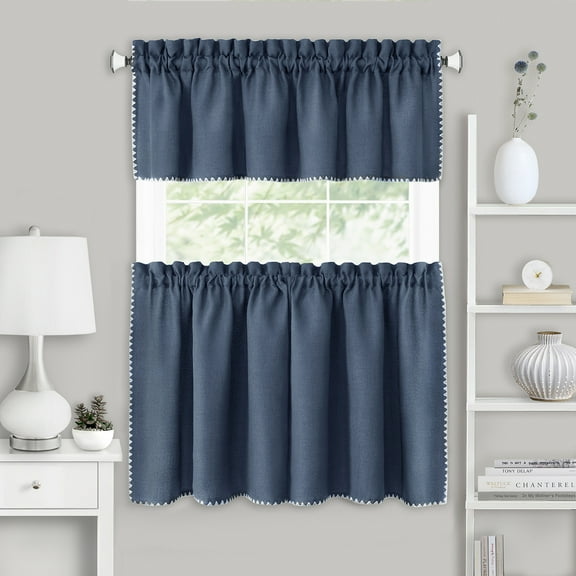 PowerSellerUSA 3 Pcs Stitch Embroidery Borders Window Kitchen Tier and Valance Set, 58W x 24L inch Polyester Material Long Kitchen Tier and Valance Set with Rod Pocket Holding for Window Decor, Blue