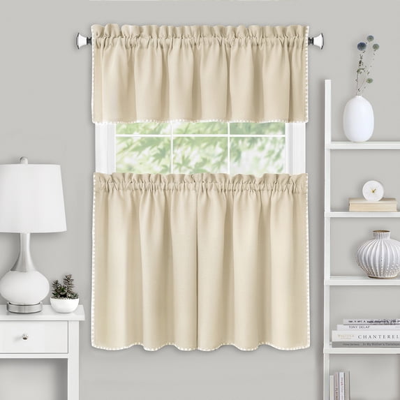 PowerSellerUSA 3 Pcs Stitch Embroidery Borders Window Kitchen Tier and Valance Set, 58W x 24L inch Polyester Material Long Kitchen Tier and Valance Set with Rod Pocket Holding for Window Decor, Tan