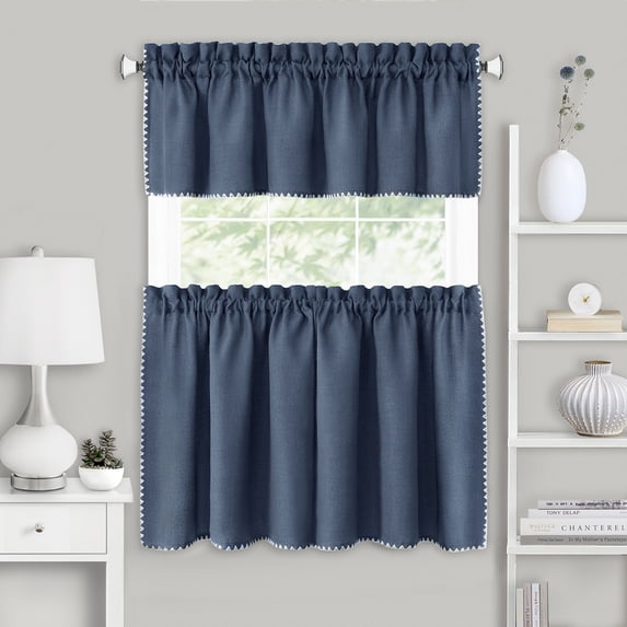 PowerSellerUSA 3 Pcs Stitch Embroidery Borders Window Kitchen Tier and Valance Set, 58W x 36L inch Polyester Material Long Kitchen Tier and Valance Set with Rod Pocket Holding for Window Decor, Blue