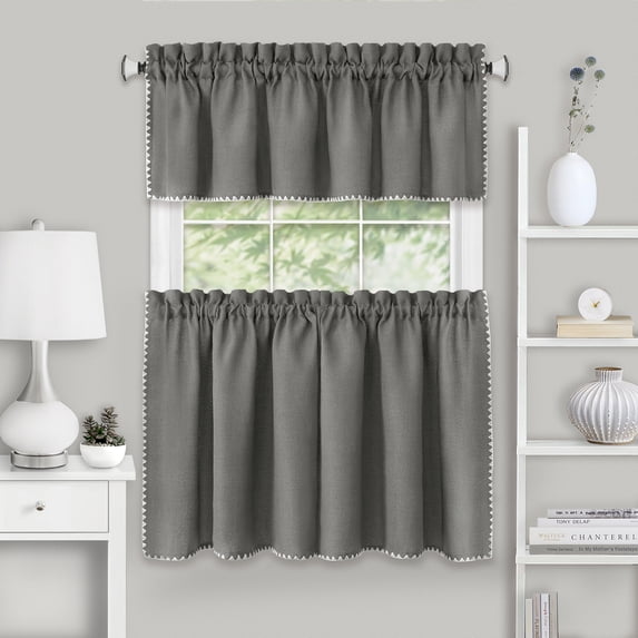 PowerSellerUSA 3 Pcs Stitch Embroidery Borders Window Kitchen Tier and Valance Set, 58W x 36L inch Polyester Material Long Kitchen Tier and Valance Set with Rod Pocket Holding for Window Decor, Grey