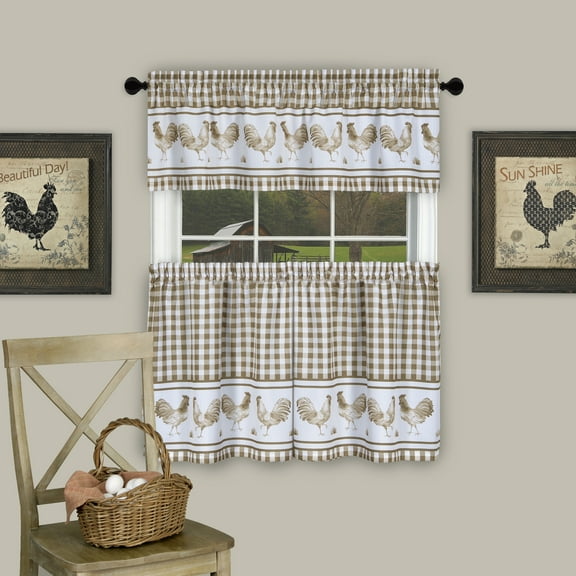 PowerSellerUSA 3 Piece Kitchen Curtain Set, Gingham Tier Pair and Valance, Country Rooster Decor for Kitchen and Living Room, Premium Buffalo Plaid Curtains, 58" W x 36" L, Taupe