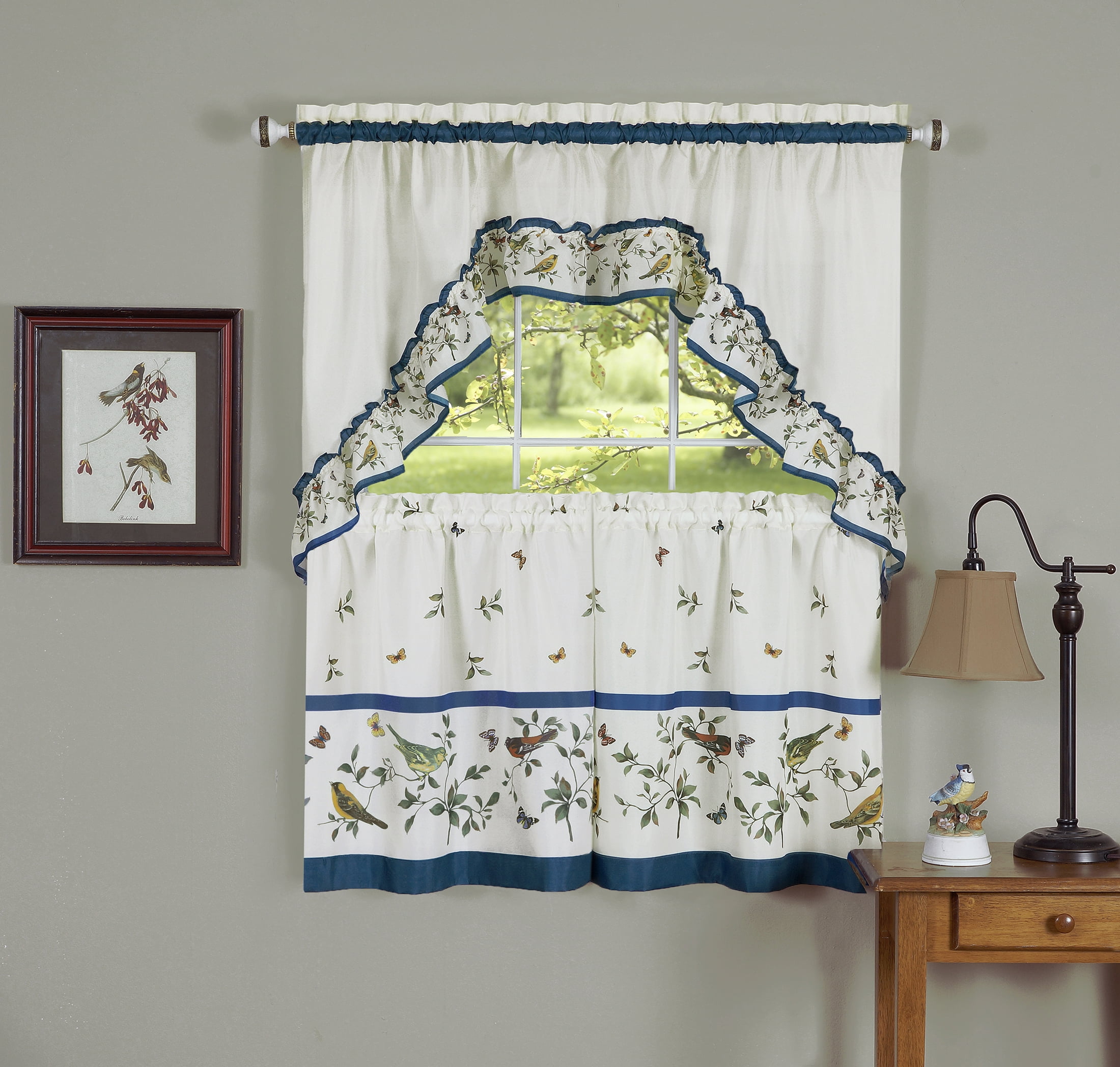 Nature Love Birds White and Blue Kitchen Curtain Set