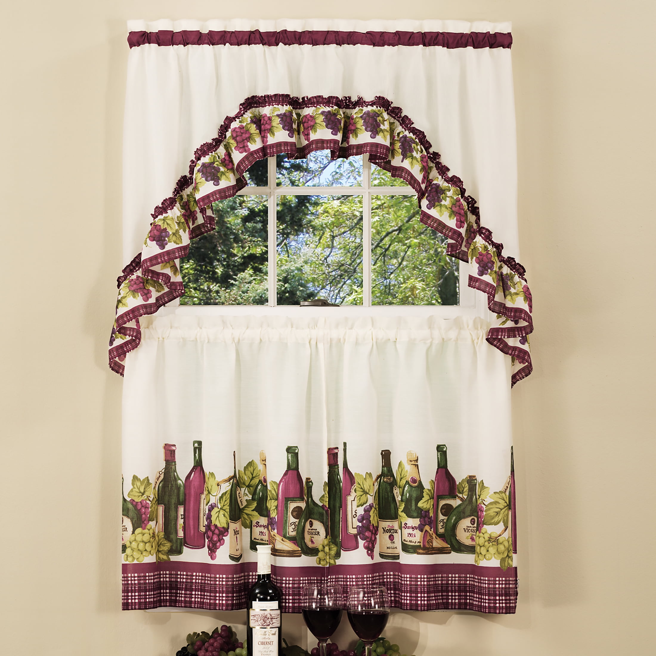 PowerSellerUSA 3-Piece Kitchen Curtain Set, Wine & Cheese Kitchen Cafe Curtain with Swag and Tier Panel Set, Perfect Window Treatment for Living Room, Bedroom and Kitchen, 58" W x 36" L