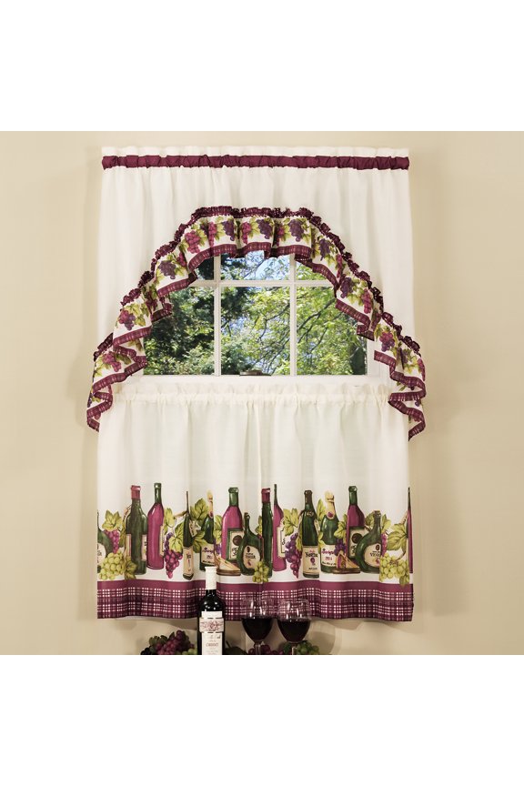 3-Piece Kitchen Curtain Set, Wine & Cheese Kitchen Cafe Curtain with Swag and Tier Panel Set, Perfect Window Treatment for Living Room, Bedroom and Kitchen, 58" W x 36" L