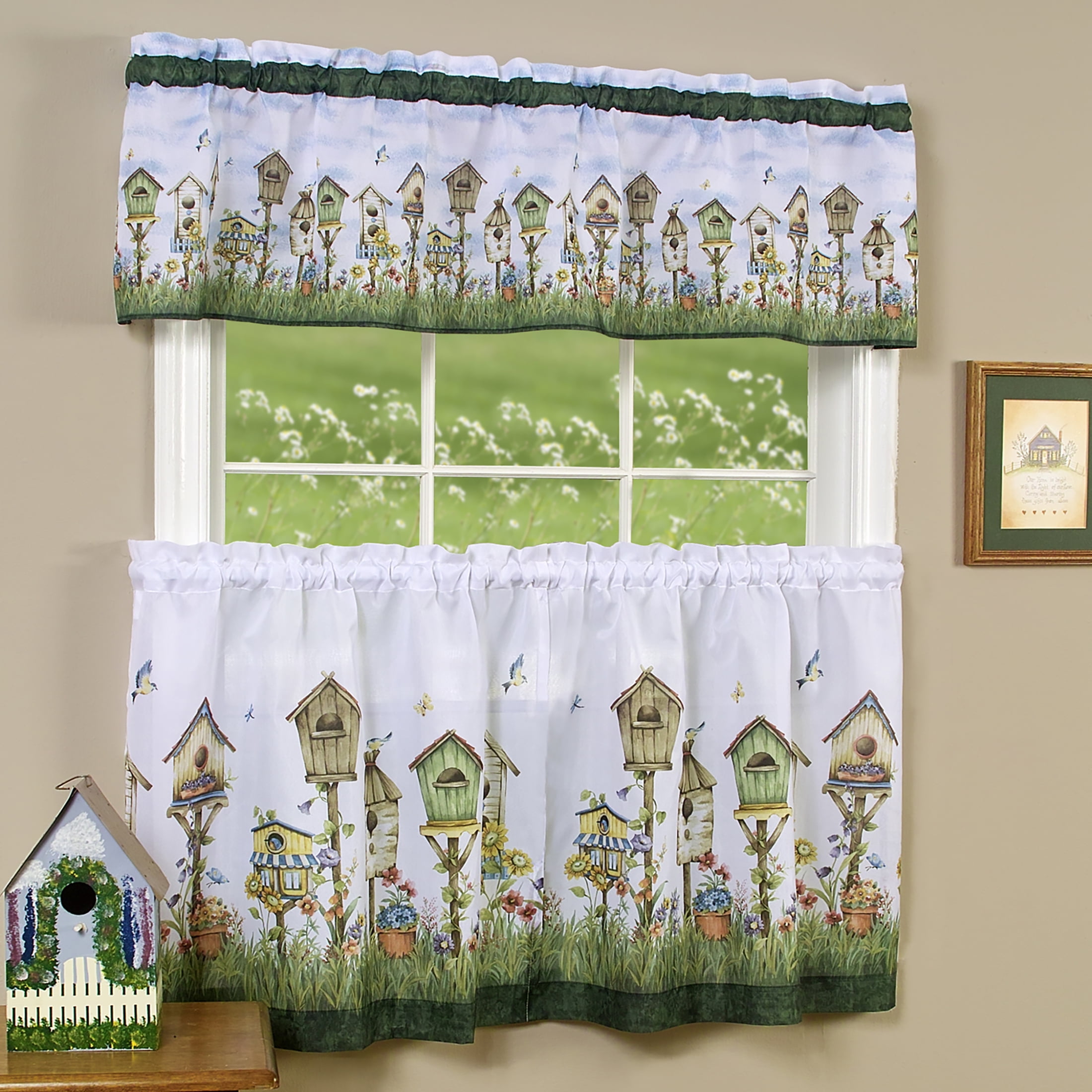 White Birdhouse Print Polyester Kitchen Curtain Set