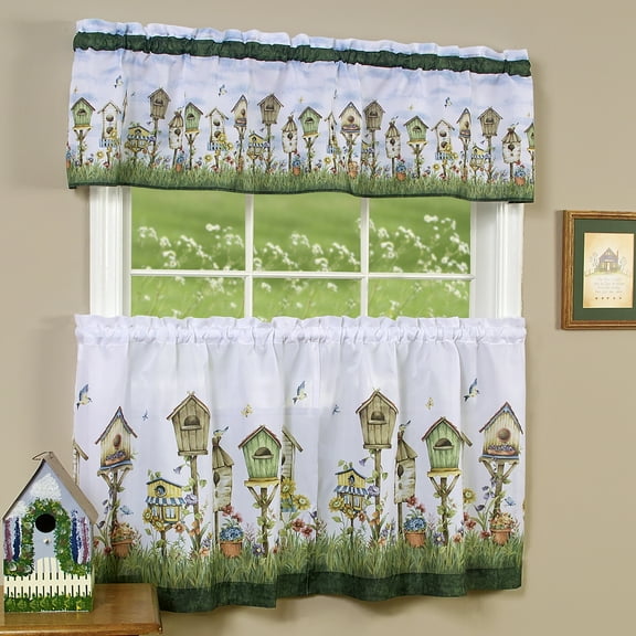 PowerSellerUSA 3-Piece Kitchen Curtains and Valance Set, Rustic Birdhouses Cafe Curtains, Farmhouse Bathroom and Kitchen Decor Set, 58" W x 36" L, Birdhouse Garden