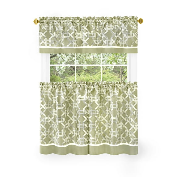 PowerSellerUSA 3 Pieces Two Tone Design Tier Panels and Valance Set for Windows, 58x24 inch Rod Pocket Light Filtering Short Curtain Panels with Valance for Kitchen, Farmhouse, Bedroom, Green