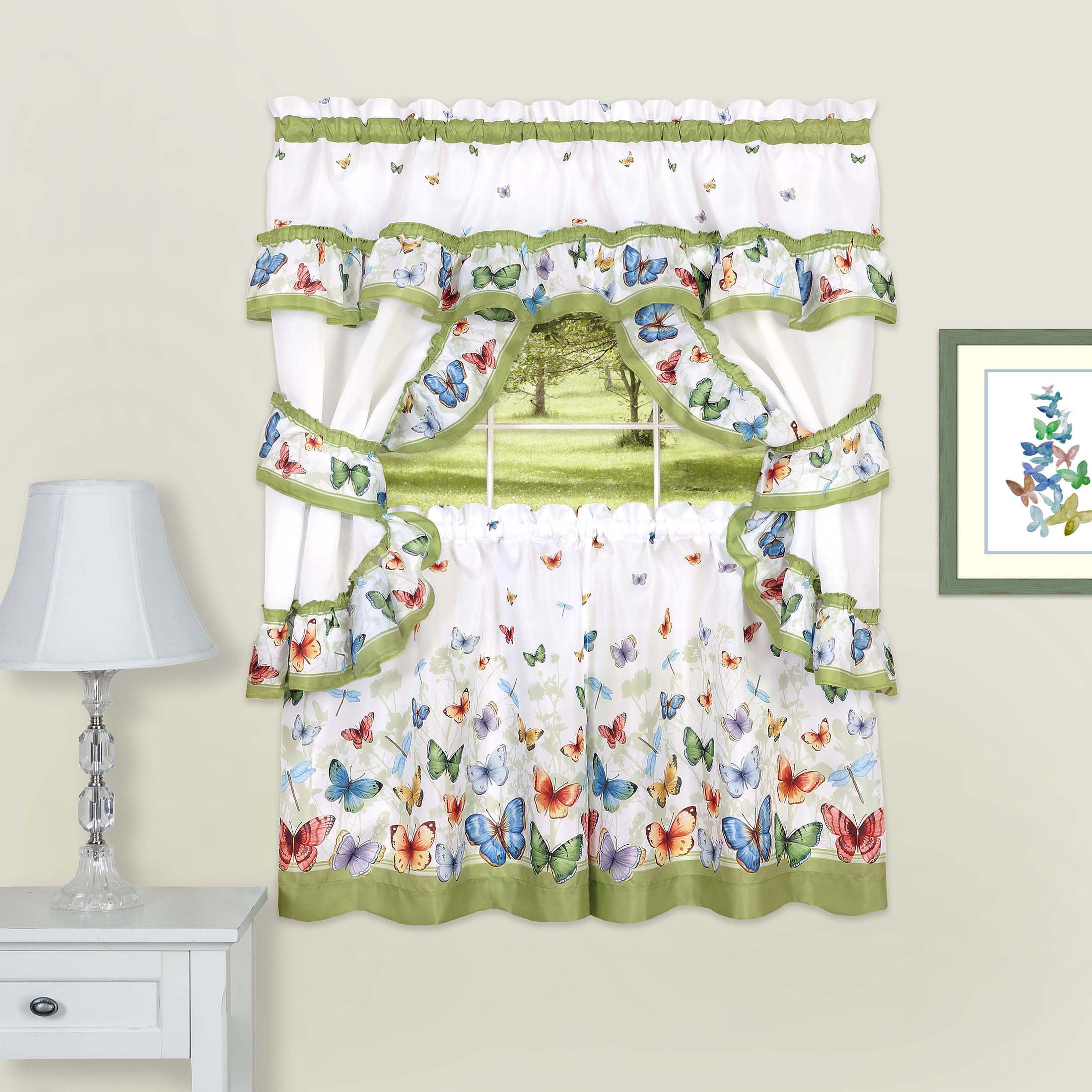 White and Green Butterfly Print Polyester Kitchen Tier Curtains