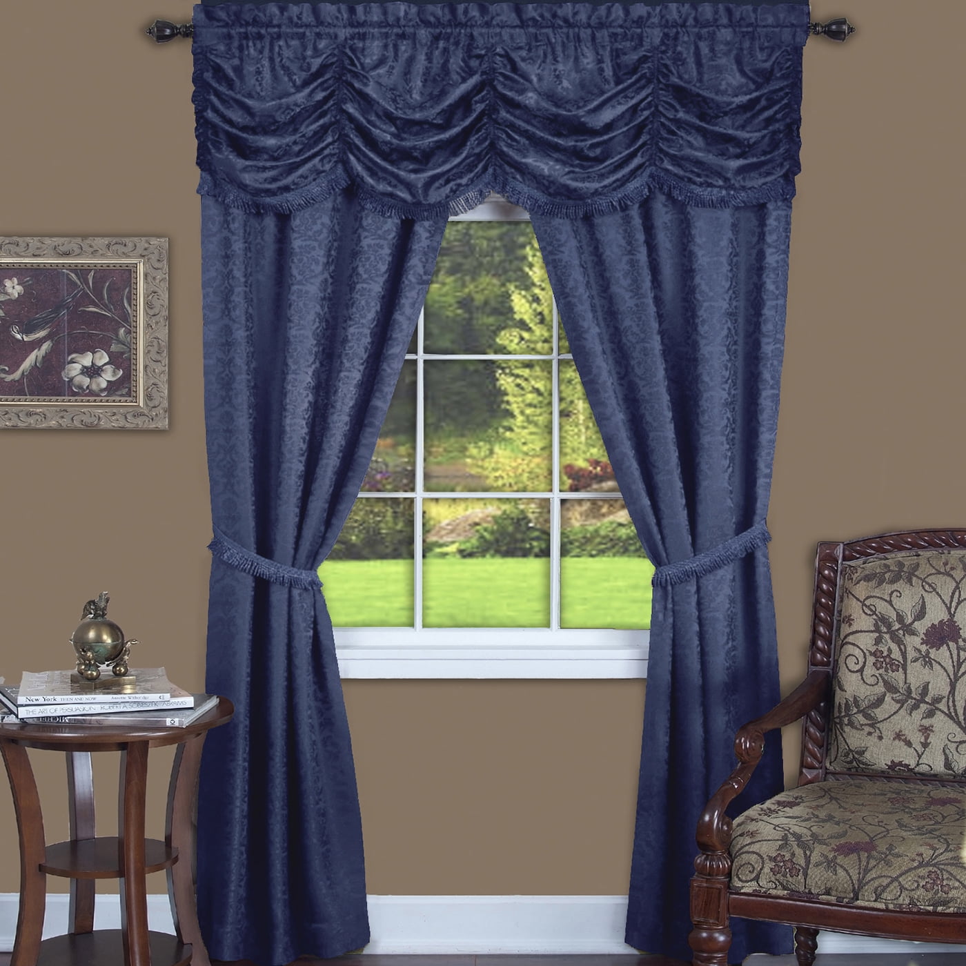 Navy Blue Jacquard Damask Curtains with Austrian Valance and Tiebacks