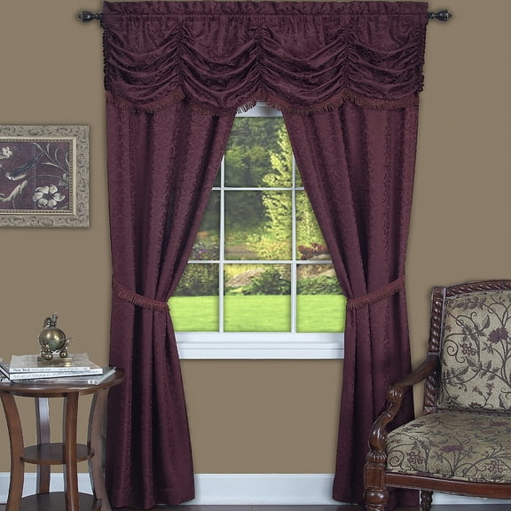 PowerSellerUSA 5-Piece Complete Window Curtains Set with Panels, Valance, Tiebacks, Room Darkening Curtains, Luxurious Window Curtains for Living Room, Bedroom, Dining Room, 55" W x 63" L, Maroon