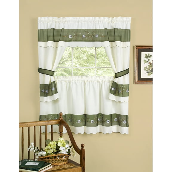 PowerSellerUSA 5-Piece Embellished Kitchen Curtain Cottage Set with Tier Panels, Swag Valance and Tiebacks, Two Tone Country House Kitchen Set Cafe Curtain for Kitchen and Living Room, 59" W by 36" L