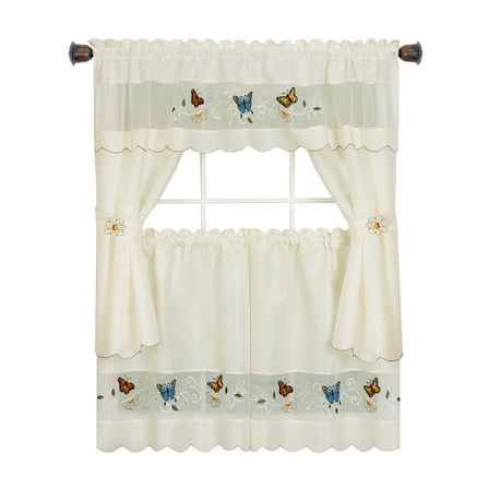 PowerSellerUSA 5-Piece Embellished Tailored Kitchen Curtains Set, Cafe Curtains with Tier Panels, Swag Valance and Tiebacks, Butterfly Curtains for Kitchen, Living Room and Dining Room, 58" W x 36" L