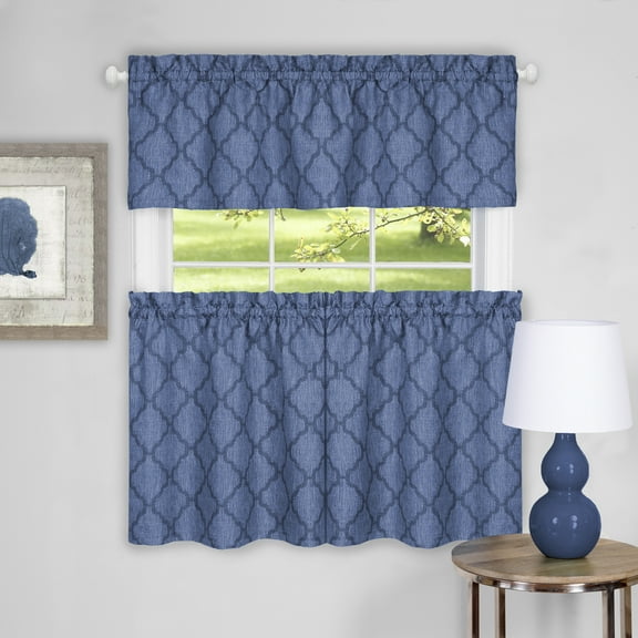 PowerSellerUSA 3-Piece Window Kitchen Curtain Set, Moroccan Trellis Design, Tier Pair Panels and Valance - 58"" (W) x 24"" (L), Blue