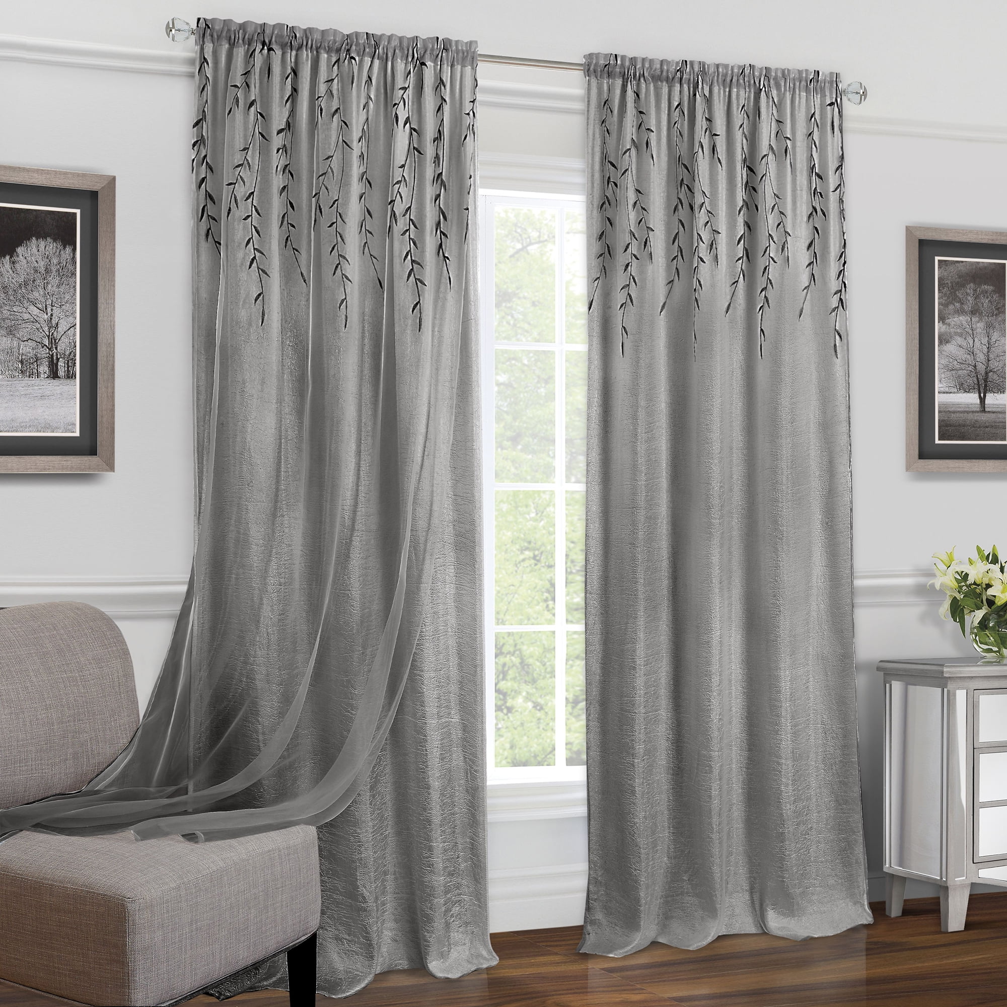 Gray Floral Embroidered Light-Filtering Polyester Curtain Panels, 42" x 63"