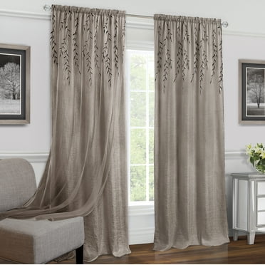 PowerSellerUSA 63L x 42W Inches Embroidered Double Layer Window Curtain Panels Set, 2-Pack Window Curtain Semi-Sheer Privacy Panels, Light Filtering Top Rod Pocket with Floral Pattern, Taupe
